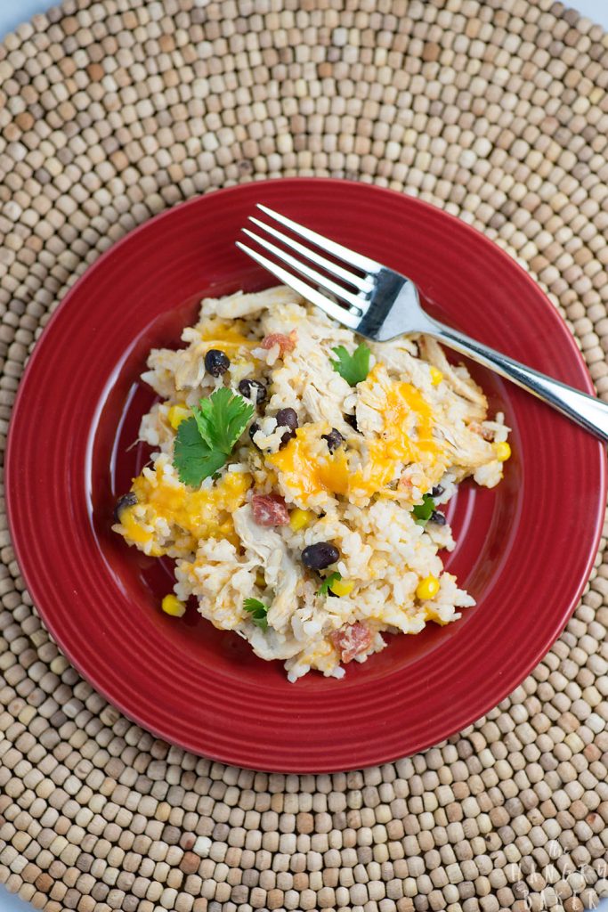 Cheesy Rice, Chicken and Bean Bake - An easy meal packed with flavors! Moist chicken, salsa, gooey cheese, beans and tender rice will please any family!