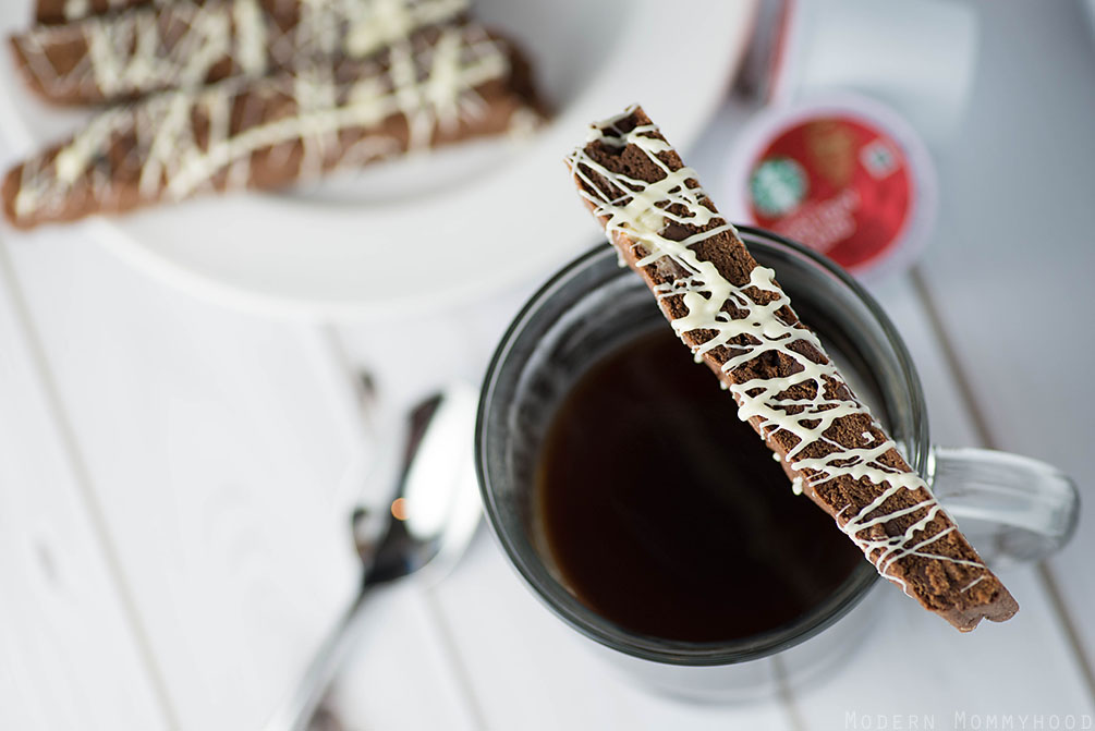 Double Chocolate Biscotti - a satisfying recipe which highlights both semi sweet and white chocolate with a dash of cinnamon. This biscotti is perfect to pair with a warm cup of coffee!