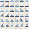 A scrappy sailboat quilt pattern and various blue fabrics. Boats alternate directions by lines.