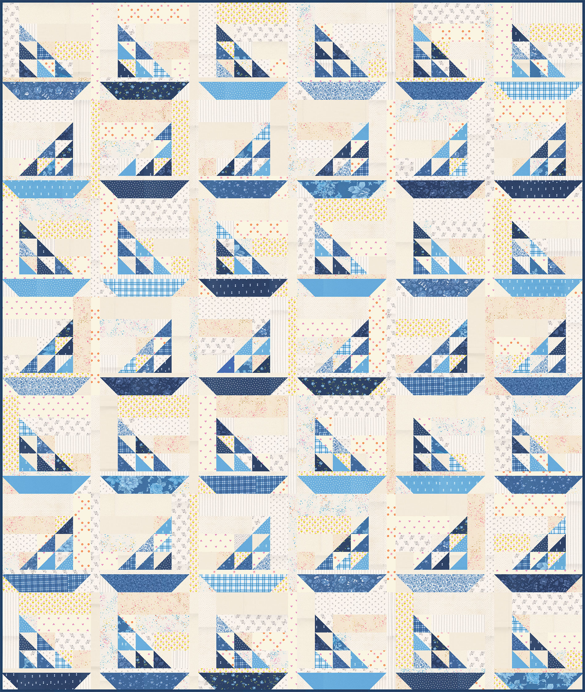 A scrappy sailboat quilt pattern and various blue fabrics. Boats alternate directions by lines.
