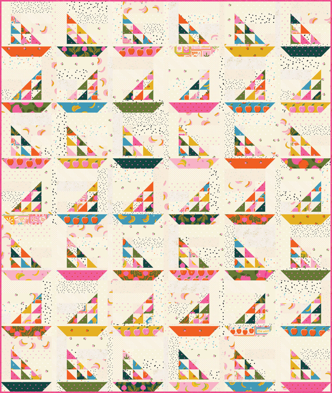 A colorful and scrappy sailboat quilt pattern. Boats alternate directions by lines.