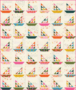A colorful and scrappy sailboat quilt pattern. Boats alternate directions by lines.