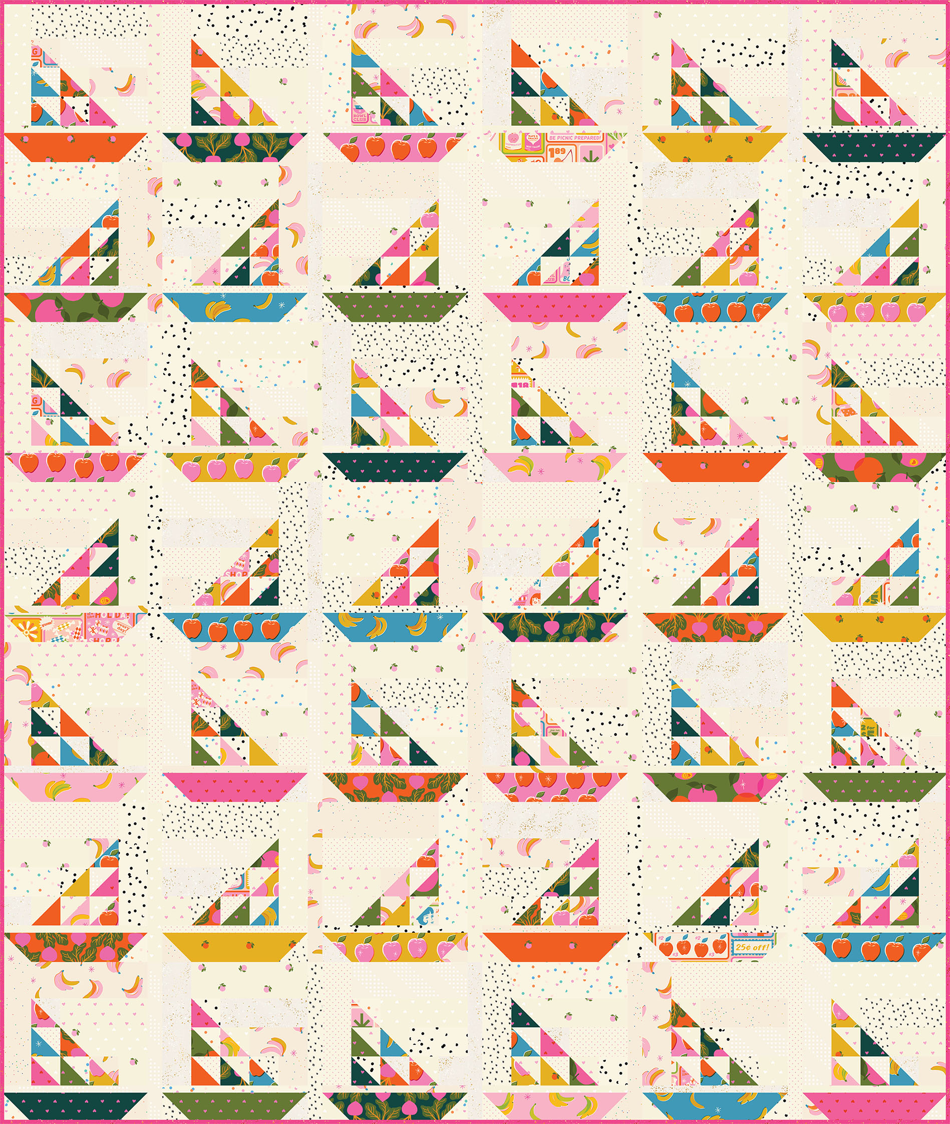 A colorful and scrappy sailboat quilt pattern. Boats alternate directions by lines.